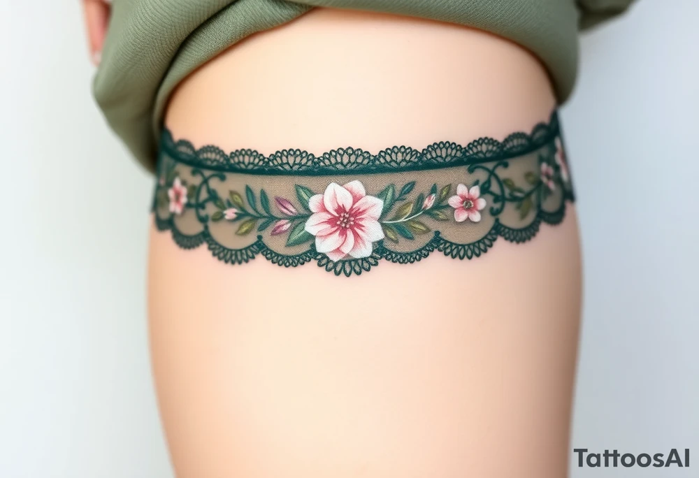 A delicate dark green garter tattoo with pastel floral embroidery, evoking a soft, vintage-inspired aesthetic tattoo idea
