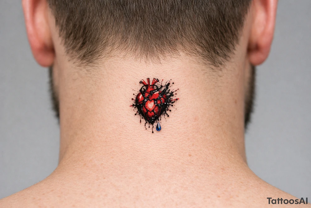 Anatomical heart dissolving into ink splatters with a single tear drop. tattoo idea