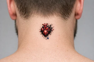 Anatomical heart dissolving into ink splatters with a single tear drop. tattoo idea