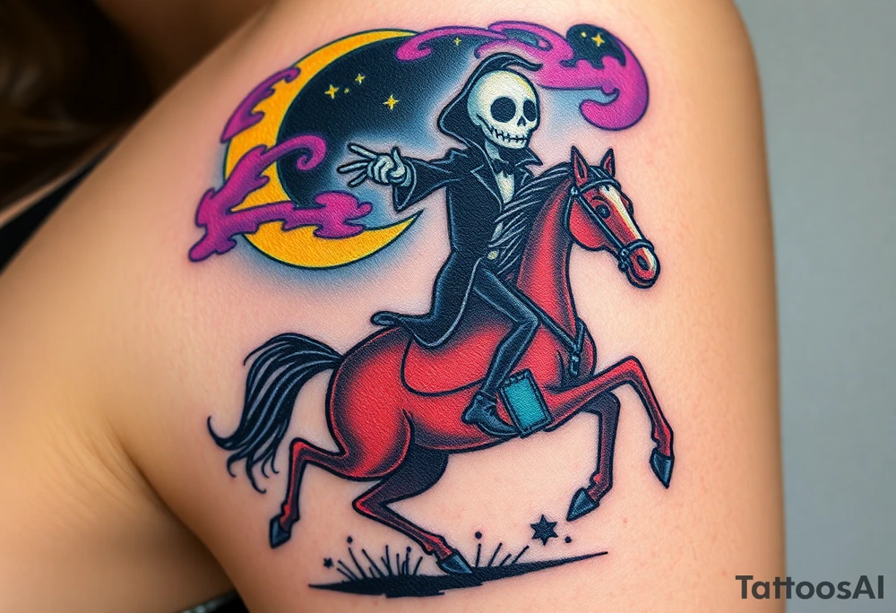 Tim Burton’s sleepy hallow headless horseman is riding in the night he holds a lanturn in hand as his horse bucks upwards and dripping with muted reds, dusty pinks, and eerie green glow.purple and cyan smokey clouds swirl in the crescent moonlit sky thats sprinkled with stars tattoo idea tattoo idea