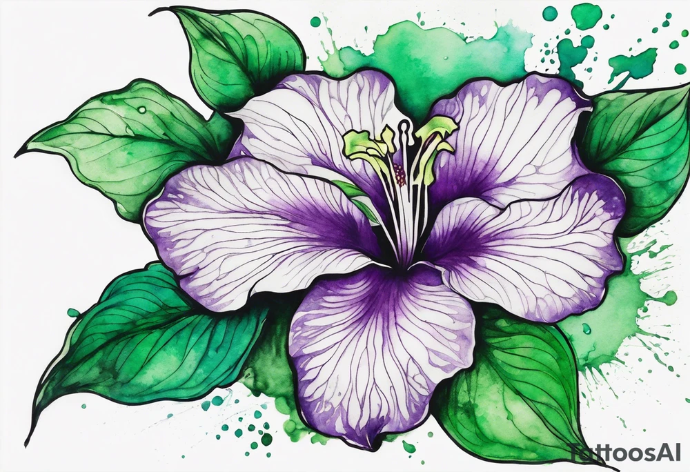 A mystical outline of a green and purple rio dipladenia flower and a green and purple watercolor splash in the background tattoo idea