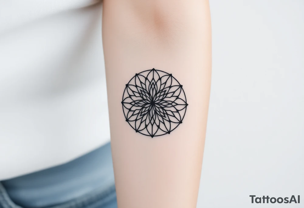 A minimalist black ink Flower of Life, centered on the forearm, with perfect geometric symmetry in cyrcle round tattoo idea