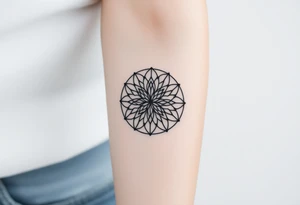 A minimalist black ink Flower of Life, centered on the forearm, with perfect geometric symmetry in cyrcle round tattoo idea