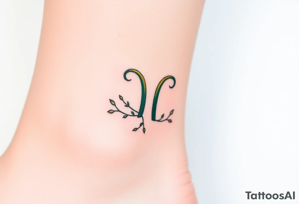 A minimalist Virgo glyph made of intertwining vines, in an elegant dark green and gold gradient tattoo idea