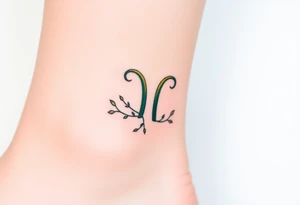 A minimalist Virgo glyph made of intertwining vines, in an elegant dark green and gold gradient tattoo idea