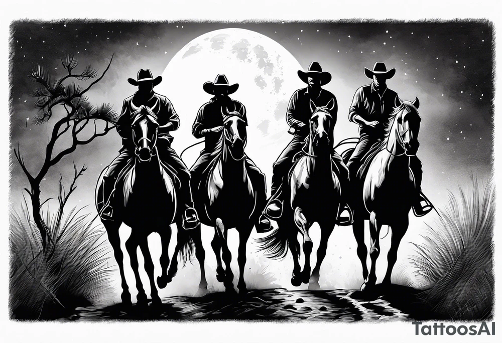 Four cowboys on horses in the moonlight on a dusty trail tattoo idea