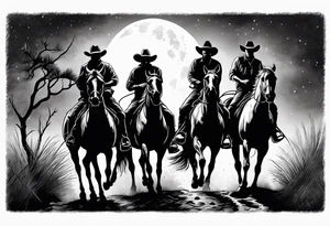 Four cowboys on horses in the moonlight on a dusty trail tattoo idea
