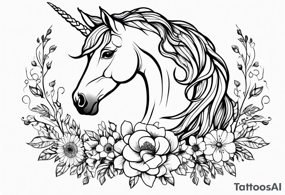 Floral mane – Unicorn with flowers and vines. tattoo idea