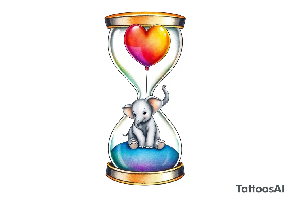 An hour glass with a Baby elephant inside and an autism balloon coming from outside and  the top of the hour glass. All around the hour glass would be a rainbow of water colors tattoo idea