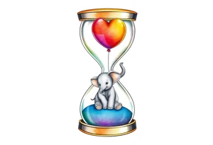 An hour glass with a Baby elephant inside and an autism balloon coming from outside and  the top of the hour glass. All around the hour glass would be a rainbow of water colors tattoo idea