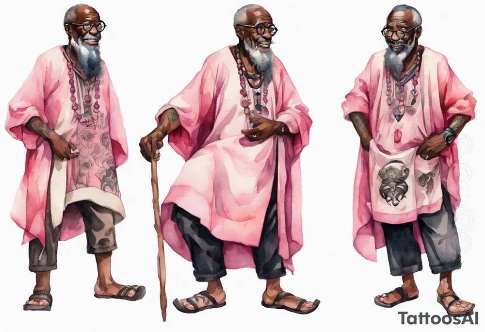 an old medieval black man wearing round glasses, wearing a pink and black tunic, wearing mukluks tattoo idea