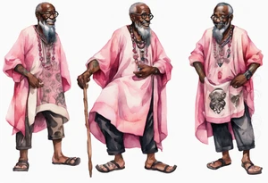 an old medieval black man wearing round glasses, wearing a pink and black tunic, wearing mukluks tattoo idea
