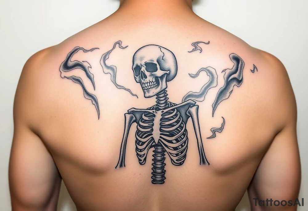 Skeleton in despair, surrounded by smoke tattoo idea