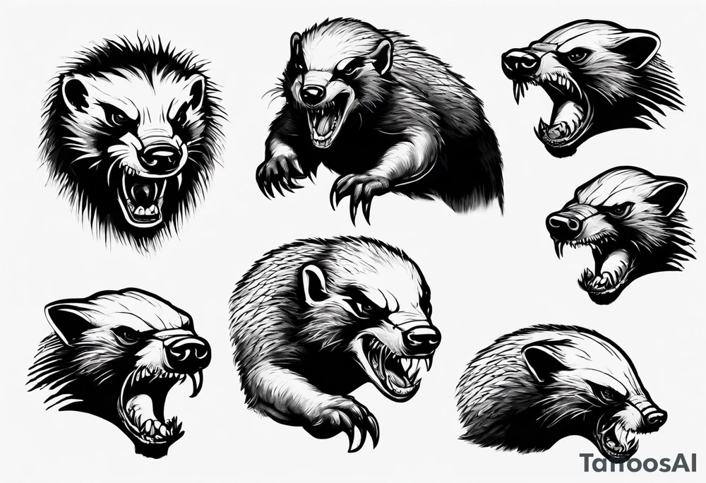 Angry, snarling, detailed honey badger facing in front tattoo idea