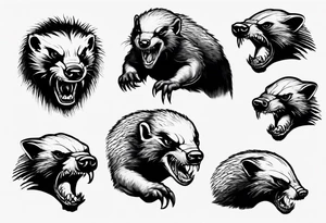 Angry, snarling, detailed honey badger facing in front tattoo idea