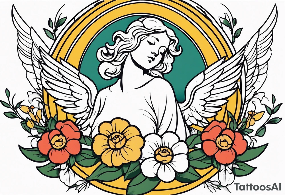 angel vintage tattoo style old school traditional bold color simple with flowers surrounded tattoo idea