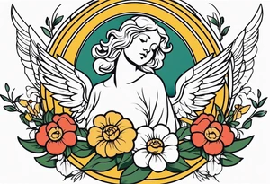 angel vintage tattoo style old school traditional bold color simple with flowers surrounded tattoo idea
