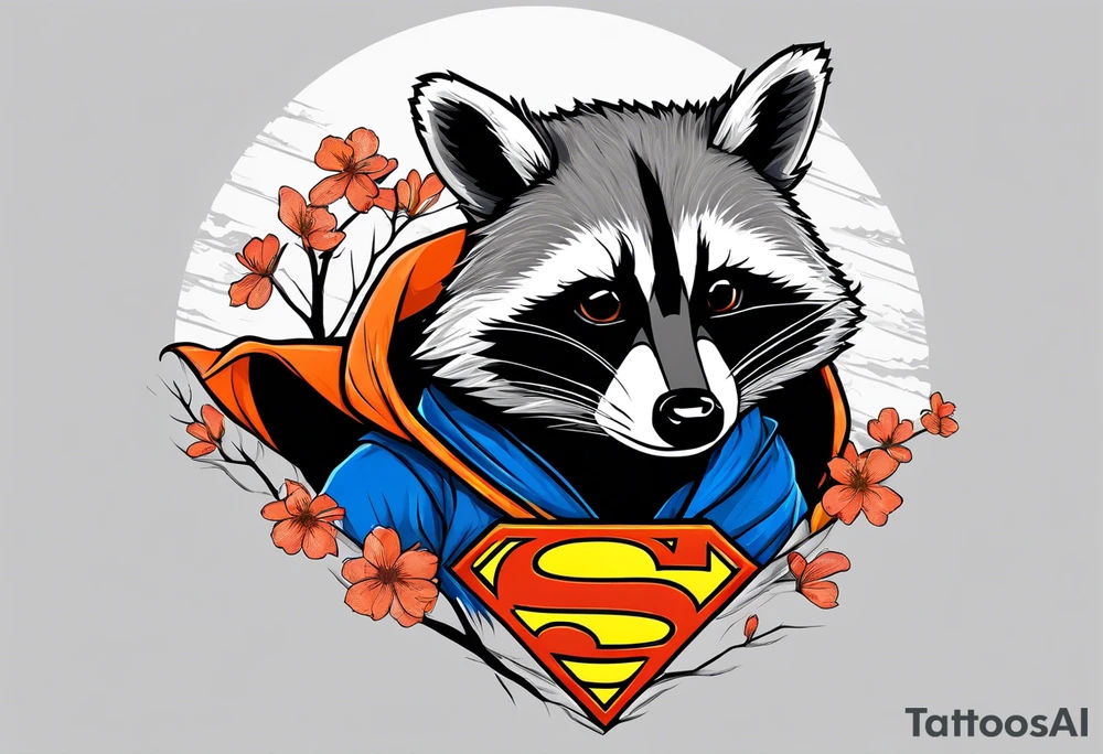 raccoon wearing a Superman hoodie with orange Japanese cherry blossoms tattoo idea
