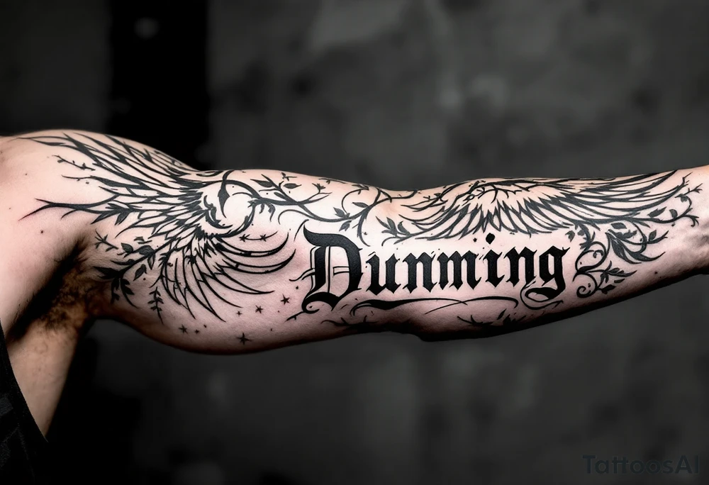 Dunning,on left arm details include angel wing, greek type of font,jungle leaves , tiger claw scratch tattoo idea