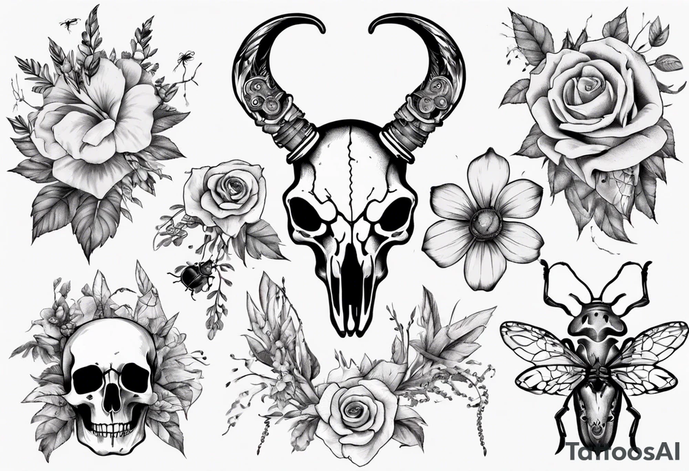 Animal skull with flowers and bugs around it tattoo idea