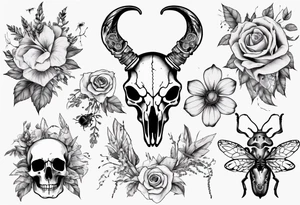 Animal skull with flowers and bugs around it tattoo idea