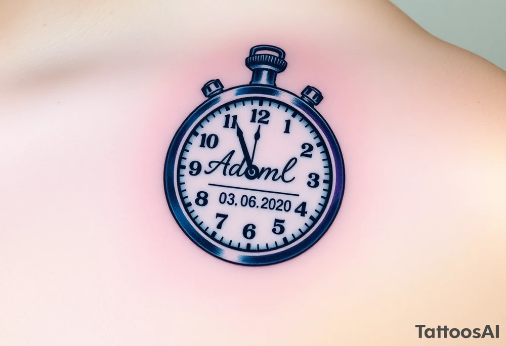 A stopwatch clock, which contains the child’s name "AdamL and birth date "03. 06. 2020", in blue, purple, and silver tattoo idea