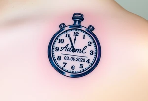 A stopwatch clock, which contains the child’s name "AdamL and birth date "03. 06. 2020", in blue, purple, and silver tattoo idea