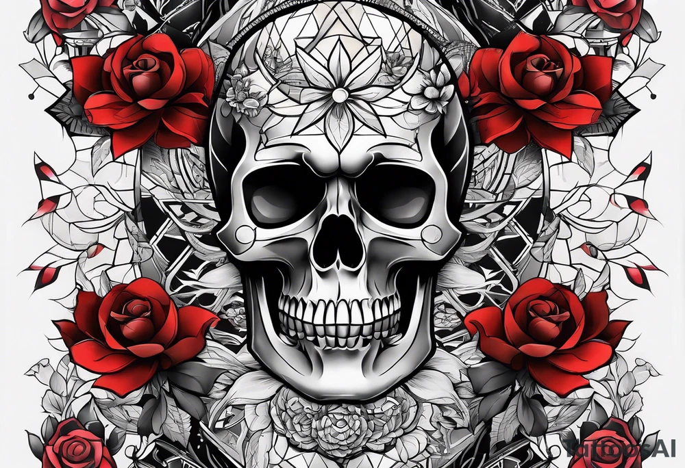 Skull Knee tattoo with flowers and geometric shapes tints of red tattoo idea