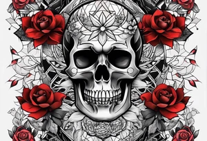 Skull Knee tattoo with flowers and geometric shapes tints of red tattoo idea