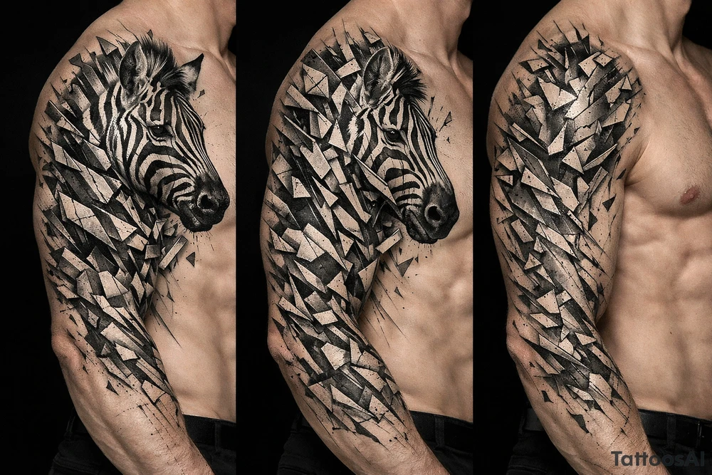 Hyperrealistic zebra head shattering into geometric shards across shoulder and chest. tattoo idea