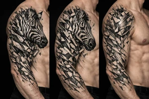 Hyperrealistic zebra head shattering into geometric shards across shoulder and chest. tattoo idea