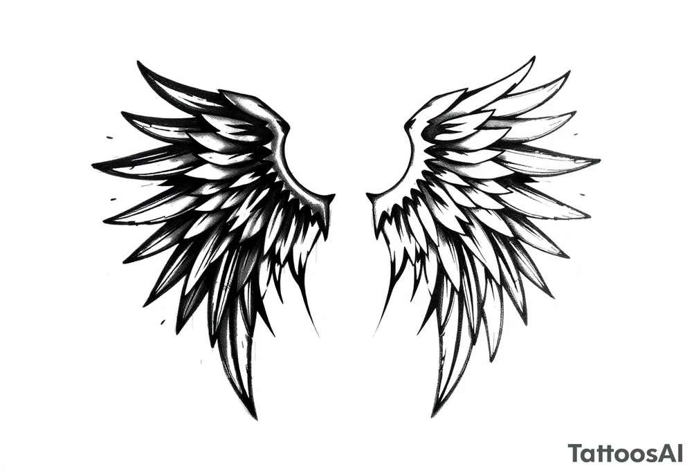 the wings go up

This tattoo design features a pair symmetrical angel wings drawn in black ink with a rough, sketch-like style. The left wing is darker, more defined, and appears denser, while the right wing is lighter, more delicate, and fragmented, creating a contrast between the two. The feathers are sharp and irregular, with fine lines and stray strokes extending outward, adding a raw and artistic feel. The overall look is dynamic and slightly chaotic, giving the impression of movement or an unfinished, ethereal form. This design symbolizes duality, freedom, transformation, or even struggle, making it a meaningful and visually striking tattoo. tattoo idea