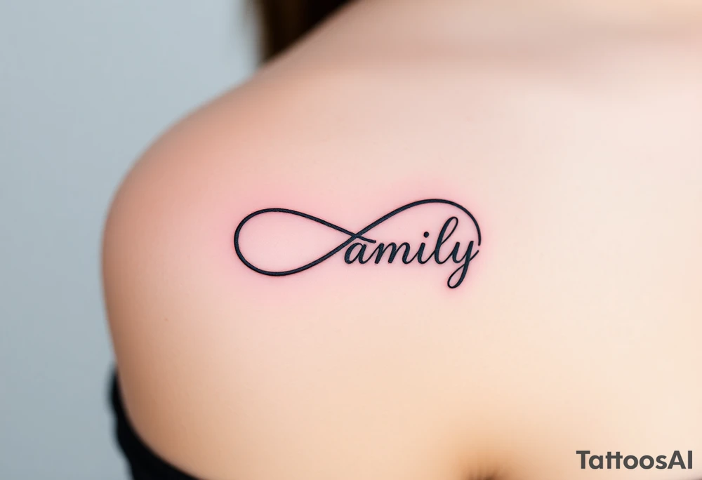 A flowing infinity symbol intertwined with the word "family" written in elegant cursive tattoo idea