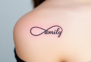 A flowing infinity symbol intertwined with the word "family" written in elegant cursive tattoo idea