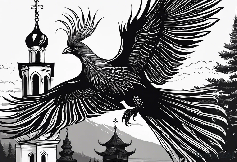 russian firebird in-flight with long fancy tail and 3 small onion cap monastery towers in background, with "Isaiah 43: 18-19" tattoo idea