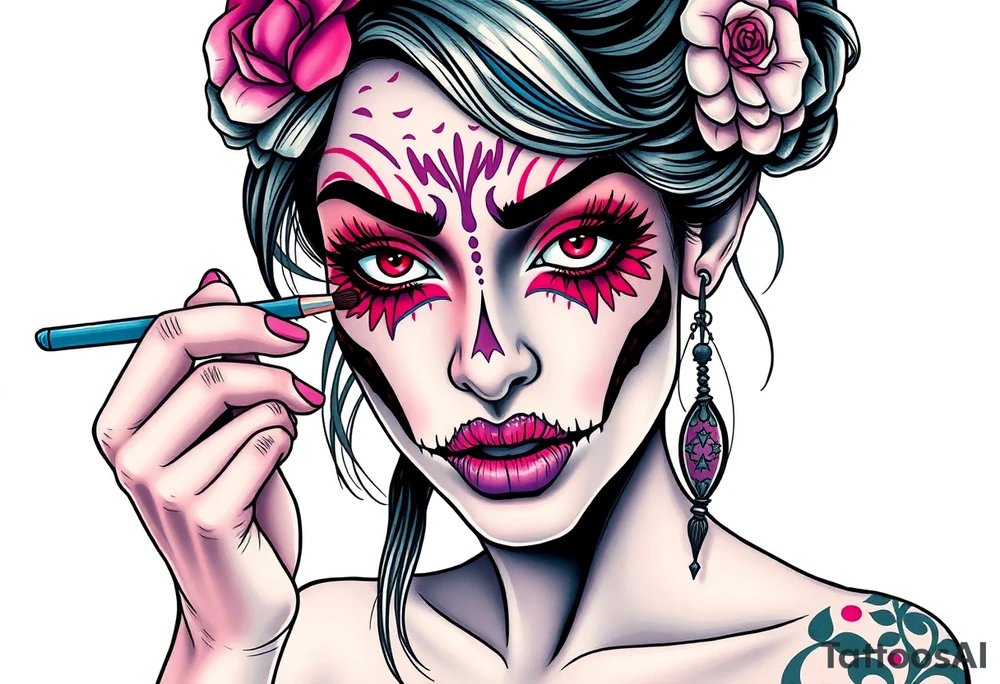 Young woman putting scary make up on tattoo idea