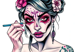 Young woman putting scary make up on tattoo idea