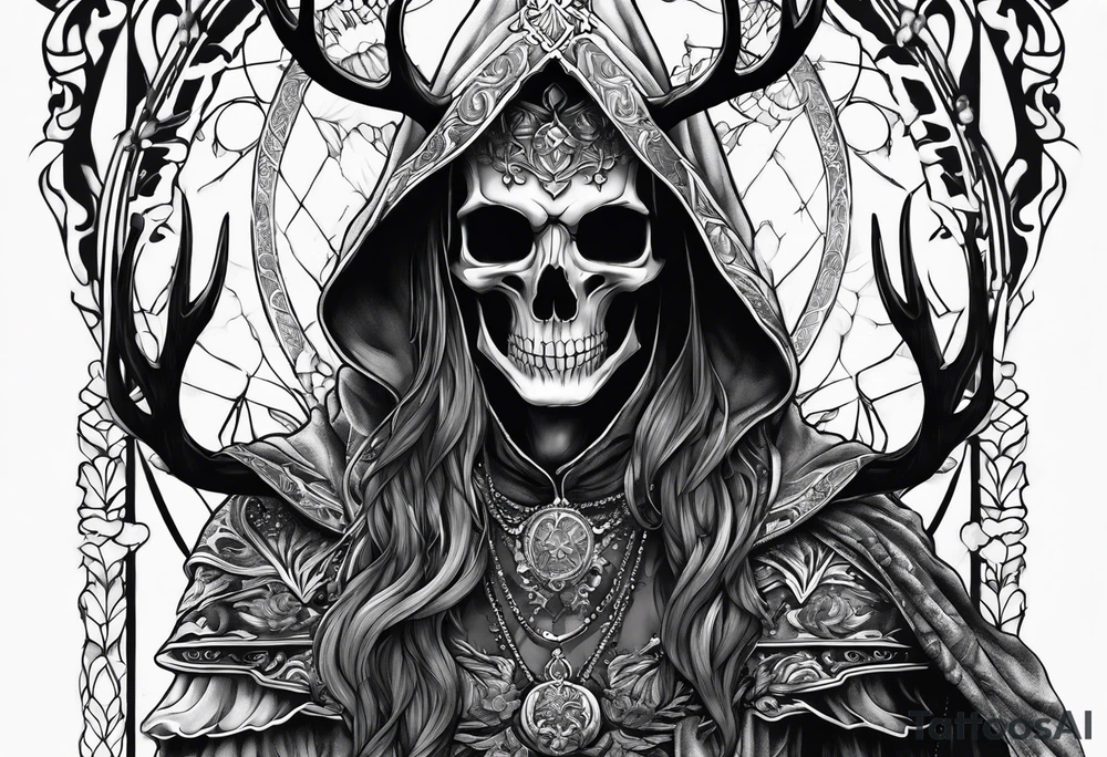 Hooded figure riding on a reindeer skeleton tattoo idea
