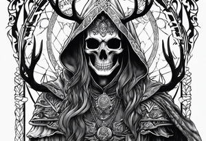 Hooded figure riding on a reindeer skeleton tattoo idea