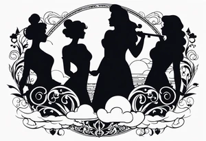 A silhouette  of the 
muses from the Disney movie Hercules surrounded by whimsical clouds tattoo idea