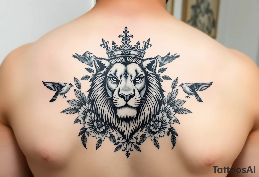 powerful majestic lion with a crown, surrounded by floral ornaments and birds tattoo idea