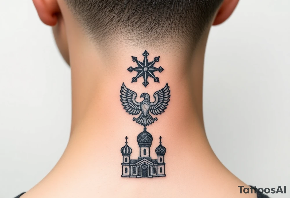Stacked Vertical Column 

Russian star — small, bold
Middle: Miniature double-headed eagle — simplified, cleaner lines to suit the smaller space
Bottom: Orthodox church dome(s) with a small Virgin Mary silhouette beneath tattoo idea