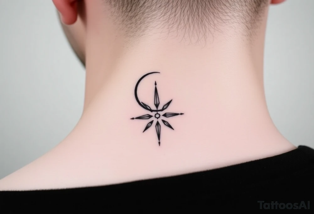 A minimalist crescent moon neck tattoo positioned just behind the ear. The crescent moon is thin and curves to the left. A sharp vertical line extends downward from the inner curve of the moon, intersecting with a symmetrical starburst shape at the center of the line. The starburst has four points — the top and bottom points are elongated, while the horizontal points are shorter, giving it a sleek and modern look. The design features clean, thin lines with a slightly hand-drawn feel, combining celestial and geometric elements. The tattoo follows the natural curve of the neck, giving it an elegant and balanced appearance. tattoo idea