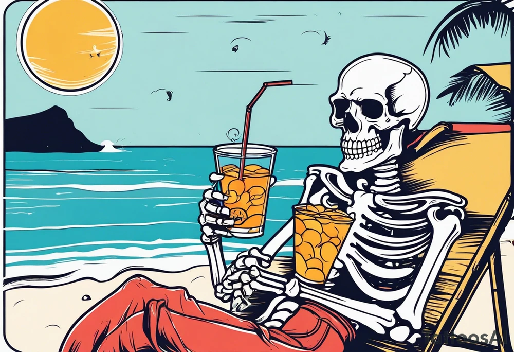 skeleton wearing a button up hawaiian shirt relaxing on the beach with a drink tattoo idea