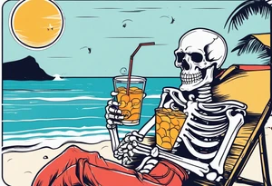 skeleton wearing a button up hawaiian shirt relaxing on the beach with a drink tattoo idea