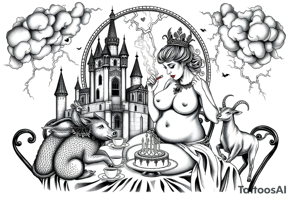 Storm lightening clouds gothic sexy naked fat lady having a tea party with tea pot and medieval castle
with a pig, peacock, noose, lion, goat, smoking cigerettes looking in the mirror having sex with a man eating a cake thru storm clouds with razor blades and broken hearts and darkness and wrath, envy , gluttony, greed, sloth, pride kill tattoo idea