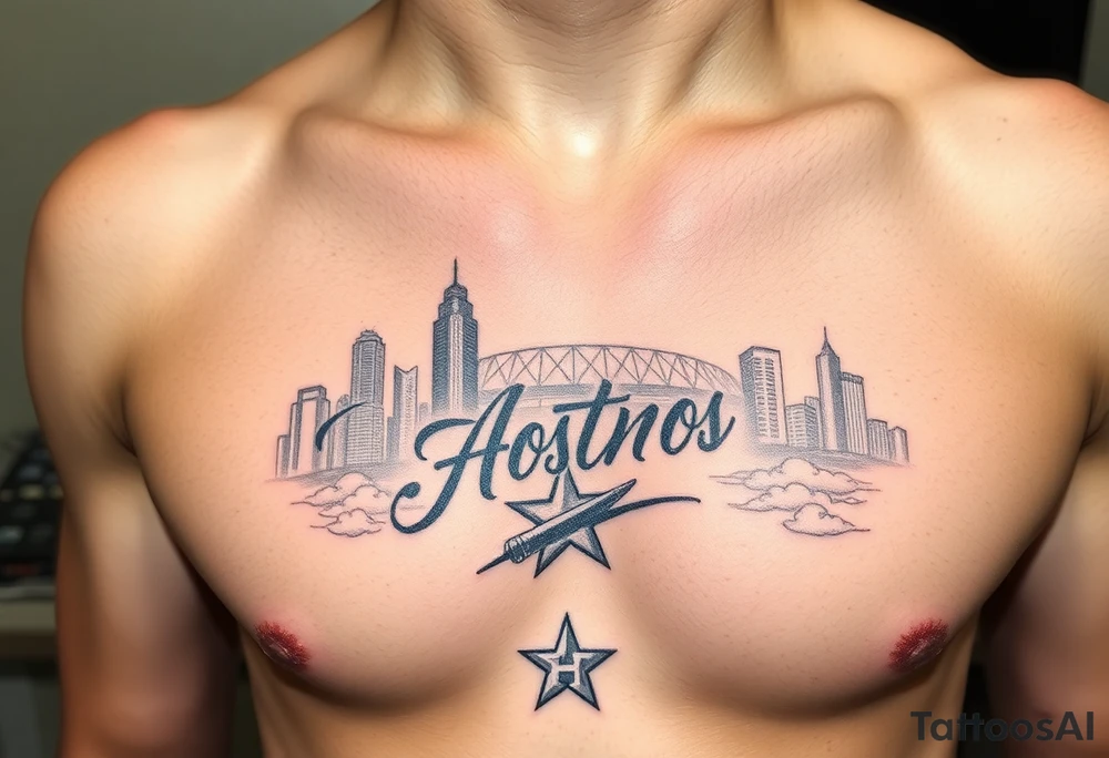 Houston texas skyline Behind houston astrodome, stars nighttime stars and clouds, Houston Astros cursive in sky, Houston Astros star on neck, Benjamin Franklin money roll space suit tattoo idea