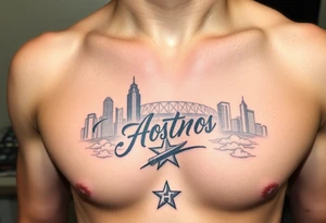 Houston texas skyline Behind houston astrodome, stars nighttime stars and clouds, Houston Astros cursive in sky, Houston Astros star on neck, Benjamin Franklin money roll space suit tattoo idea