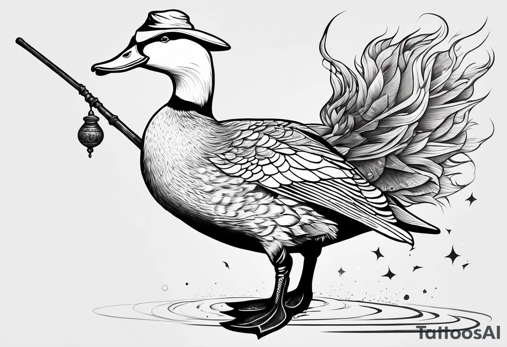 Dabbling Duck dressed like a wizard casting a spell with his wand tattoo idea