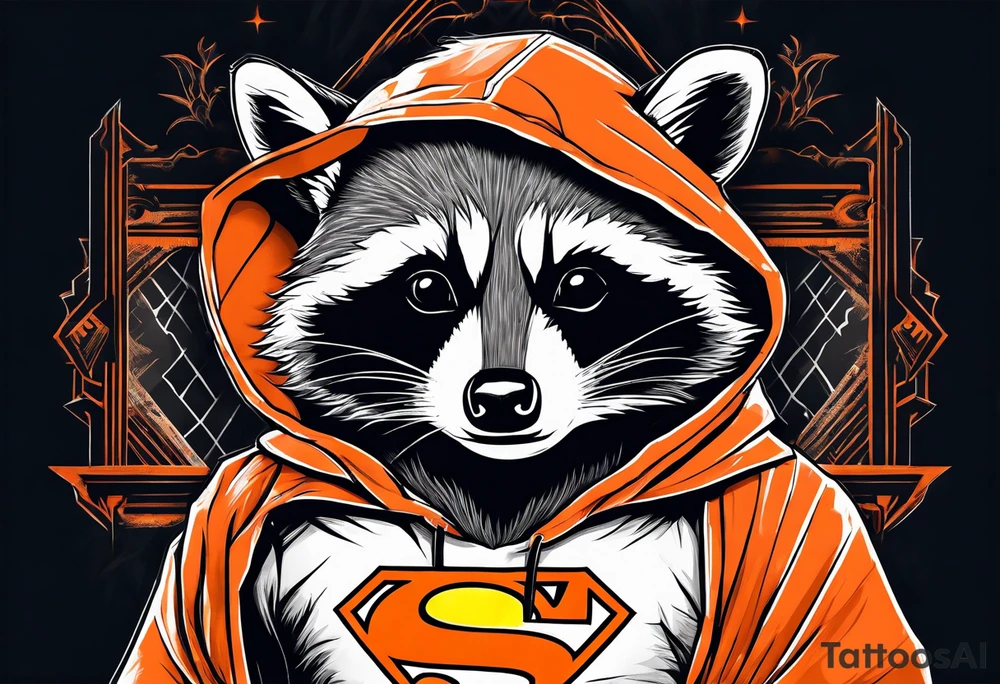 Raccoon wearing an orange Superman hoodie tattoo idea